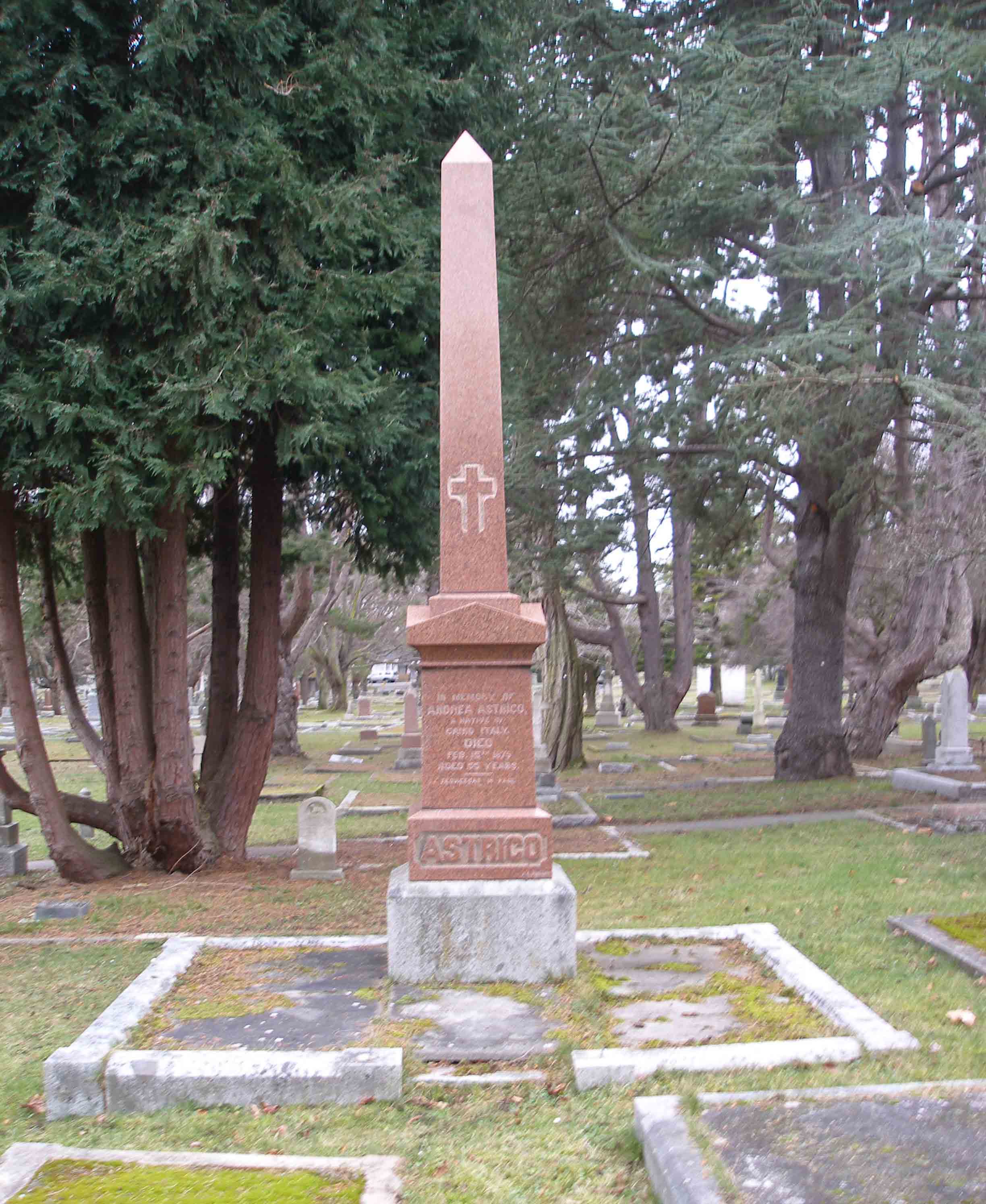 Andrea Astrico grave marker, Ross Bay cemetery